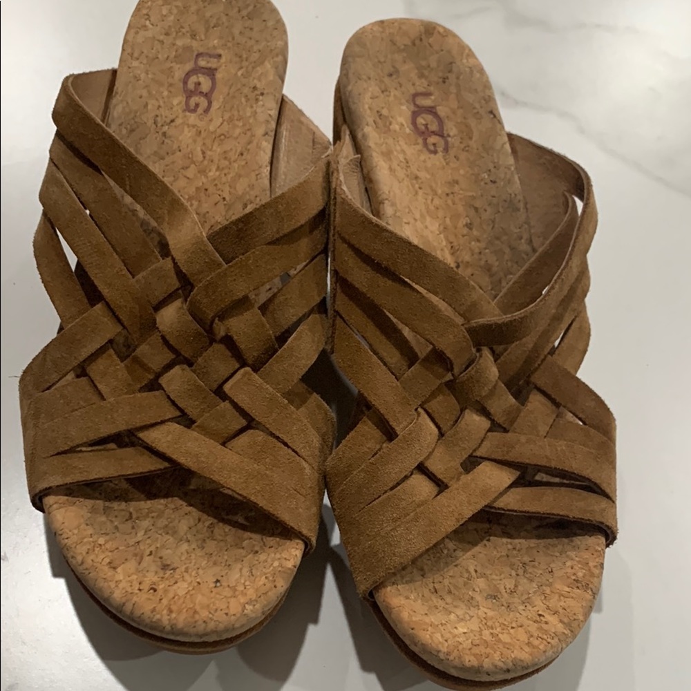 UGG Tan Suede Mules with Woven Design and Cork Sole